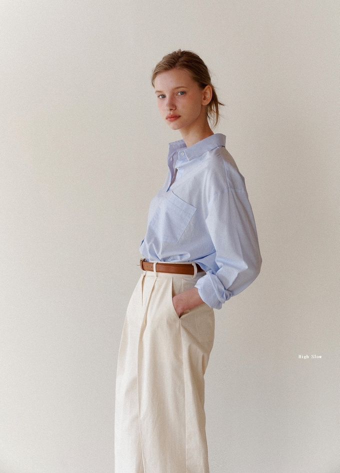 韓國 ANDYOUBROWN - 時尚壓褶直筒長褲-米白