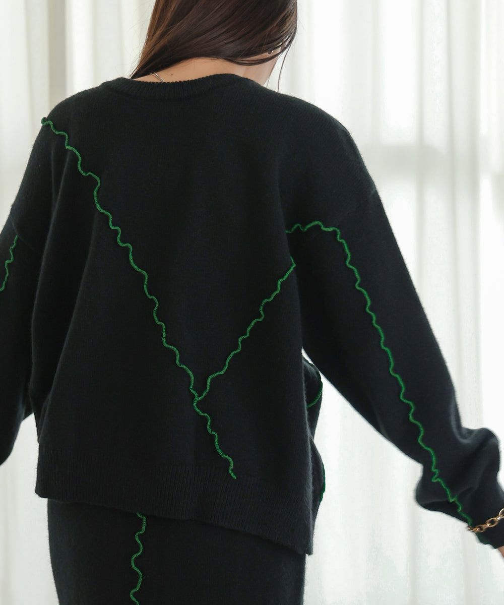 日本 Bab - 不規則撞色滾邊長袖上衣-黑x綠