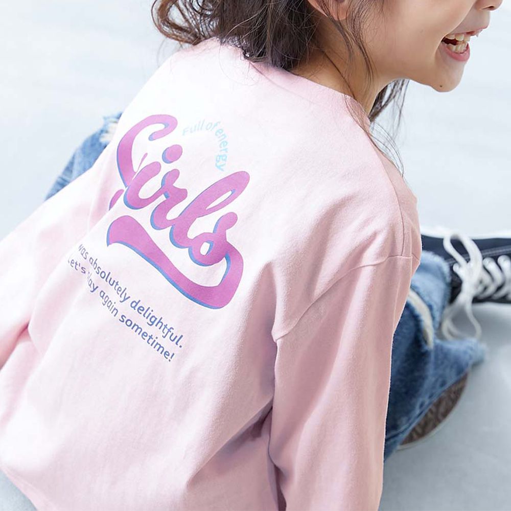 100%棉 圓弧下擺印花長袖T恤-girls-櫻花粉