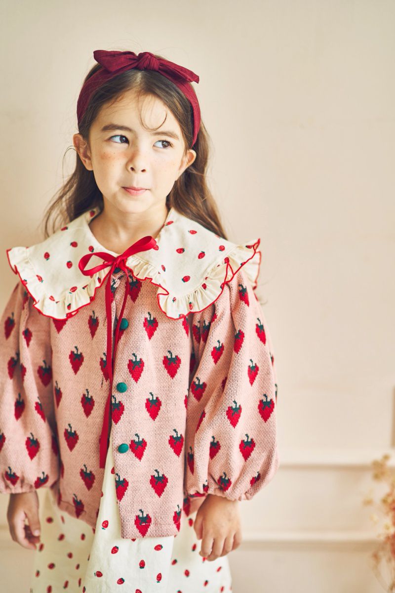 韓國 Mimico - 草莓泡泡袖針織外套-粉紅