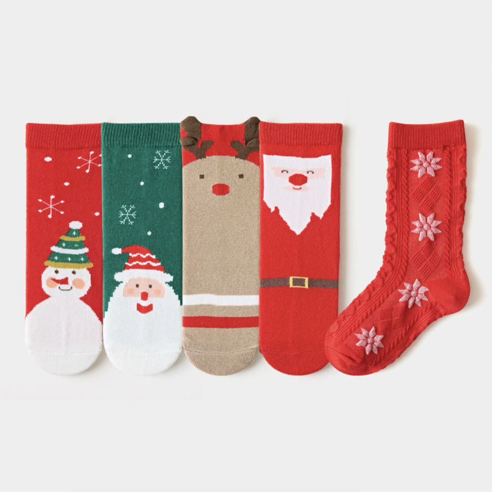 love, charlotte - 聖誕老公公麋鹿棉質中筒襪-5雙一組