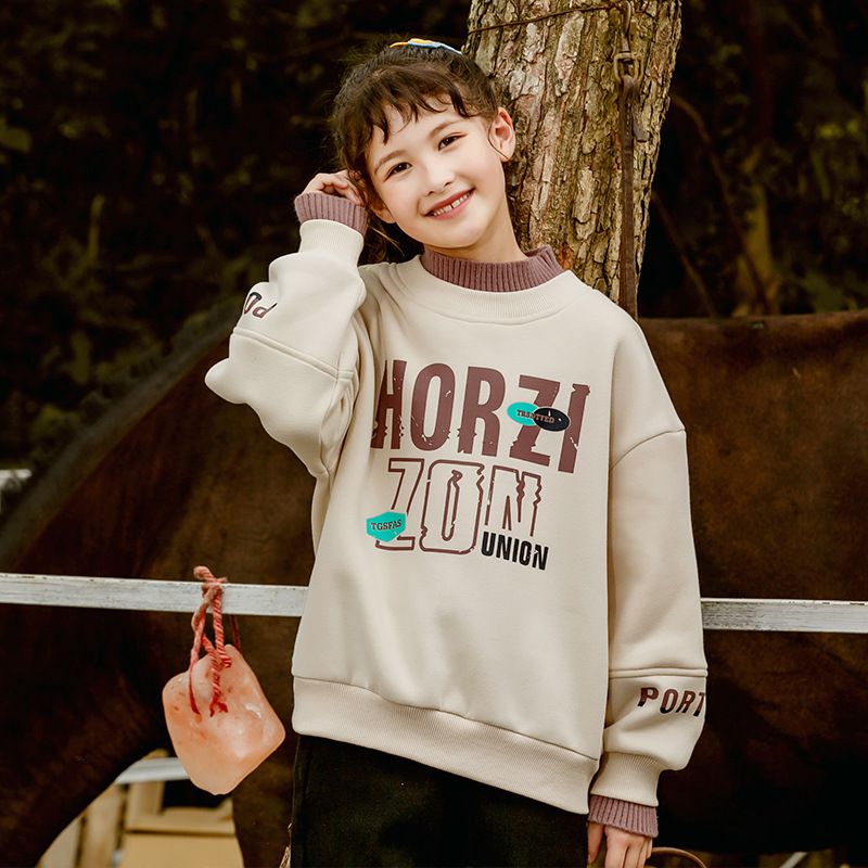 加絨休閒大學T-米杏色