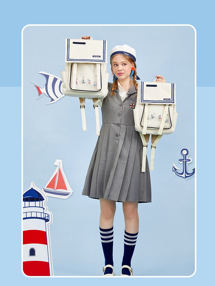 水手造型翻蓋書包-淺灰色 (28x38.5x15cm)