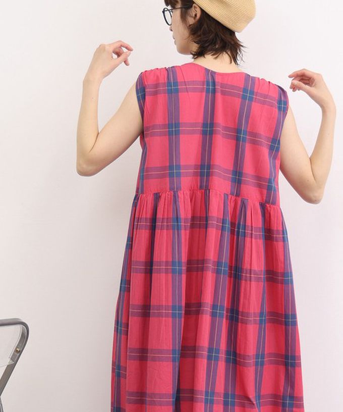 日本 Lupilien - 100%印度棉 清爽格紋開襟無袖洋裝-桃紅