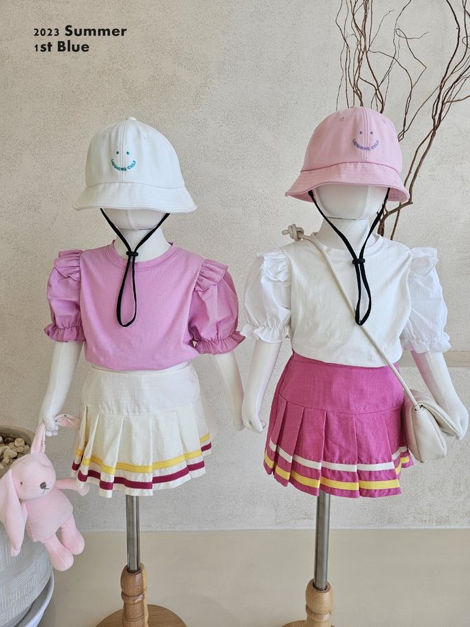 韓國 First Blue - 鬆緊腰運動風百摺褲裙-桃紅