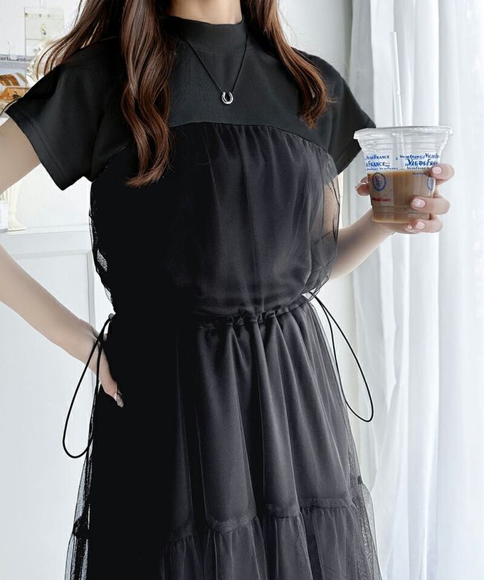 日本 Classical Elf - 顯瘦抽繩薄紗拼接法式袖洋裝-黑系