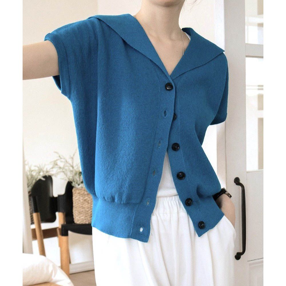 韓製 清爽棉麻排釦落肩短袖針織外套/上衣-土耳其藍 (FREE)