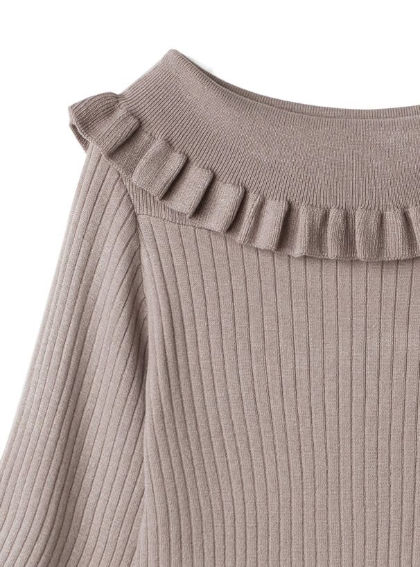 日本 GRL - 小荷葉邊一字領針織長袖上衣-黑