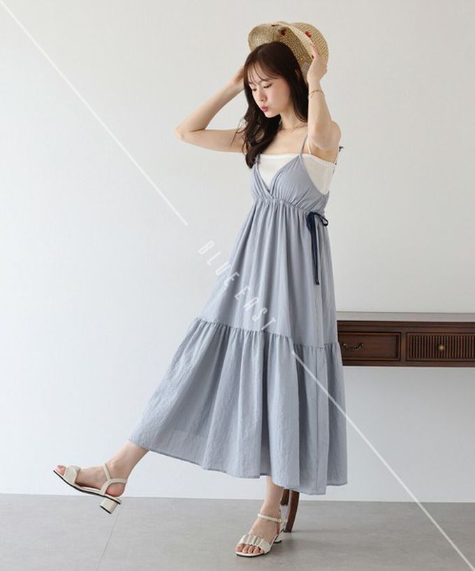 日本 BLUE EAST - 滿分可愛側蝴蝶結細肩帶洋裝-灰藍 (M)