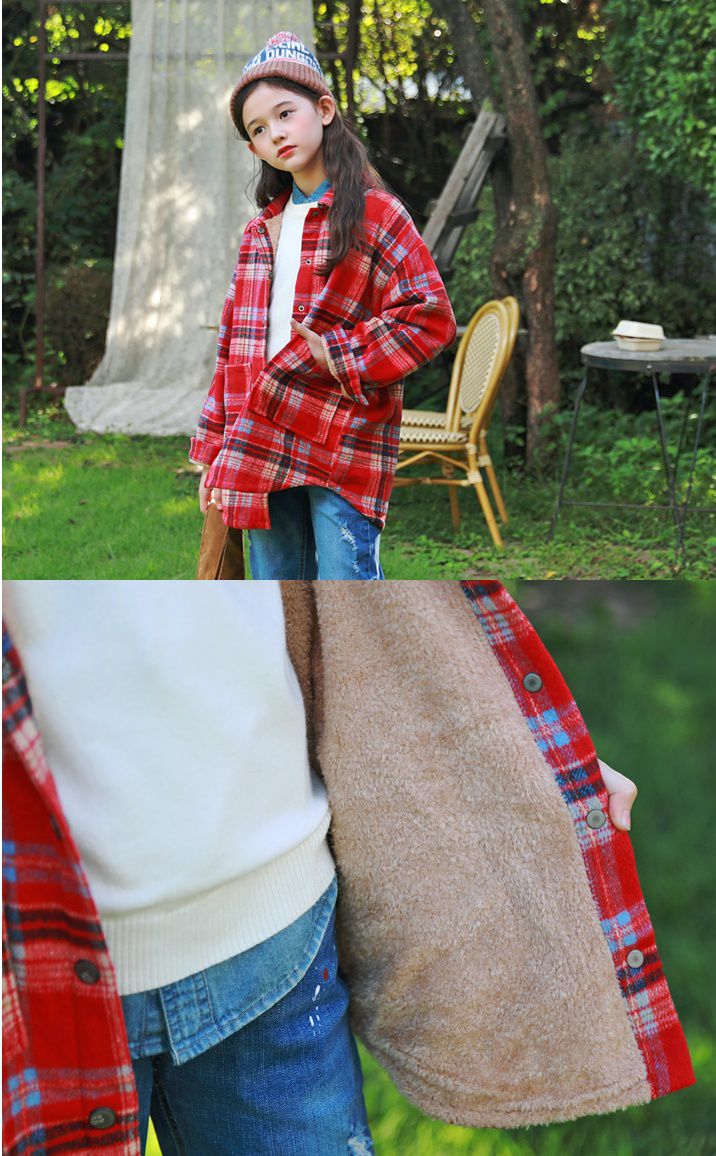 韓國 J KIDS - (內刷毛)長版紅格子襯衫/夾克