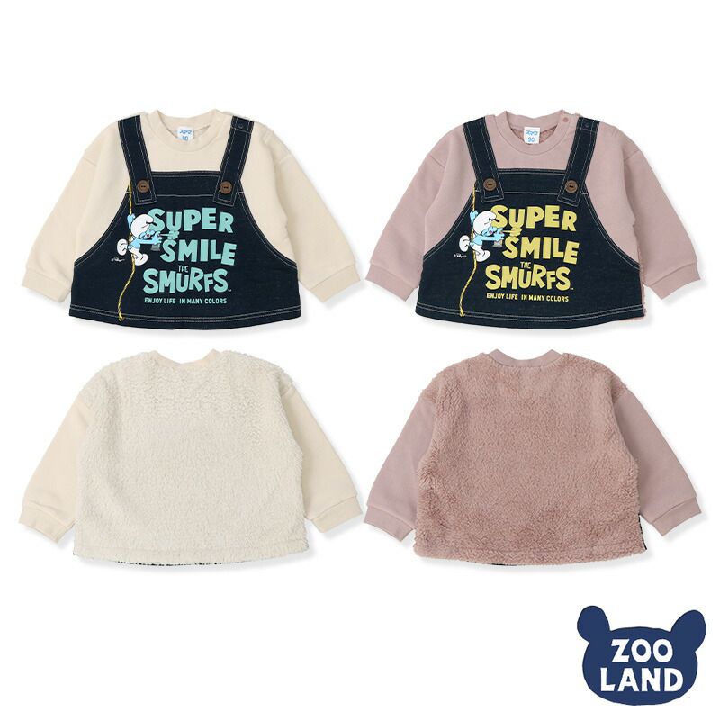 日本 ZOOLAND - 藍色小精靈聯名 保暖長袖上衣-牛仔吊帶塗鴉-奶油杏