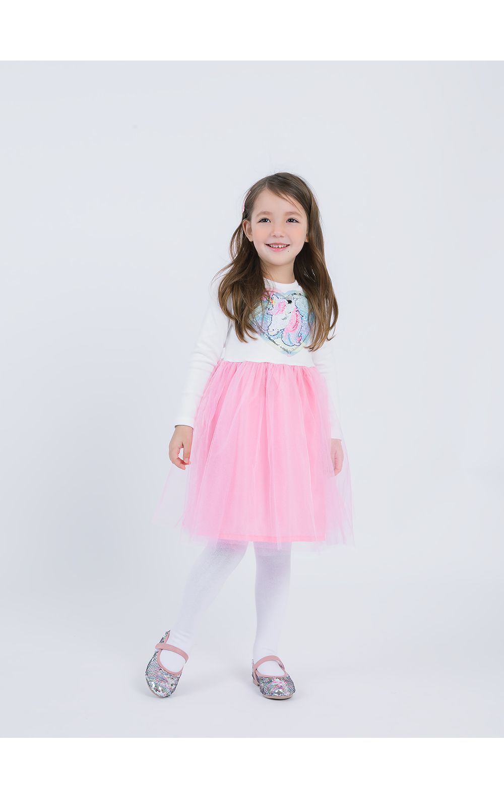 韓國 OZKIZ - 亮片獨角獸網紗長袖拼接洋裝