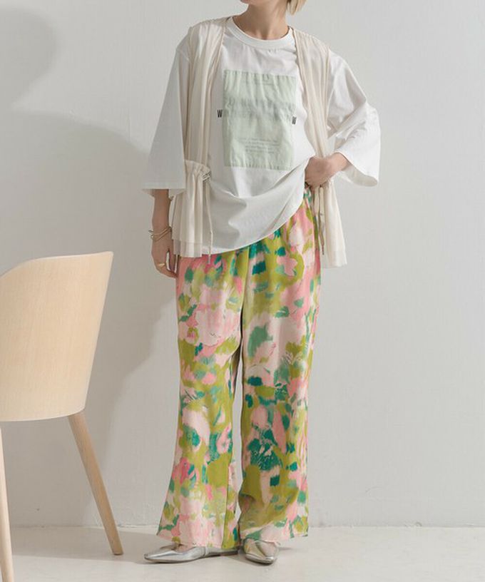 日本 le colis - [人氣款]柔和季節感印花輕盈寬褲-暈染-粉紅x綠