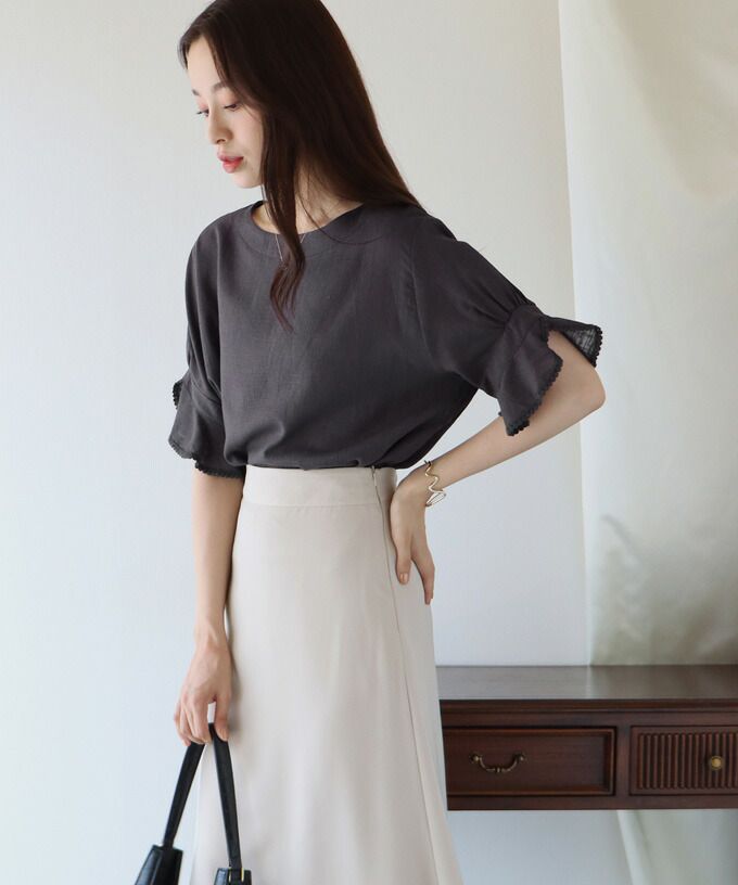 日本 BLUE EAST - 棉麻透氣涼爽短袖上衣-米杏