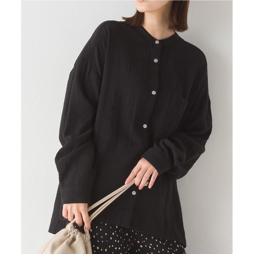 日本 OMNES - 圓領質感二重紗長袖襯衫-黑