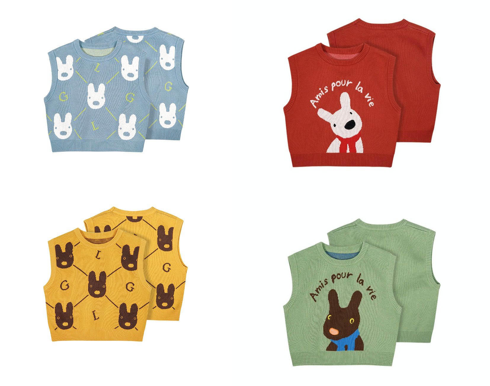 Minizone - 純棉針織保暖背心-卡通人物卡斯波-綠色