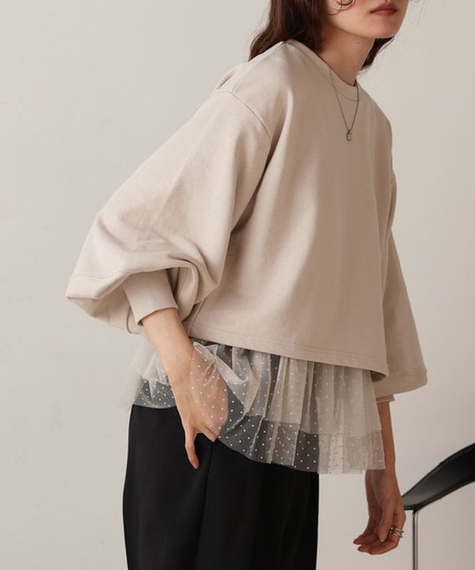 日本 Bab - 浪漫層次吊帶+裏毛上衣(2件組)-圓點薄紗-米白