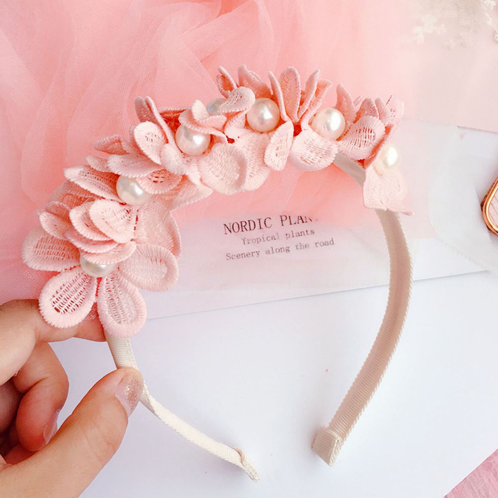浪漫薄紗髮箍頭飾-珍珠花朵-粉色