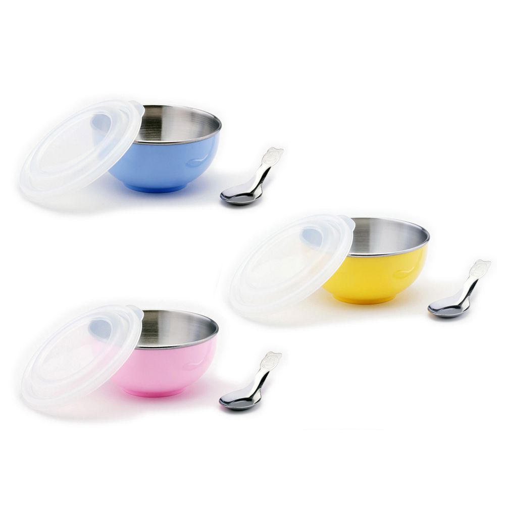幼兒園最愛組: 三色兒童隔熱碗(附湯匙)-藍+粉+黃 (11CM)-250CC*3