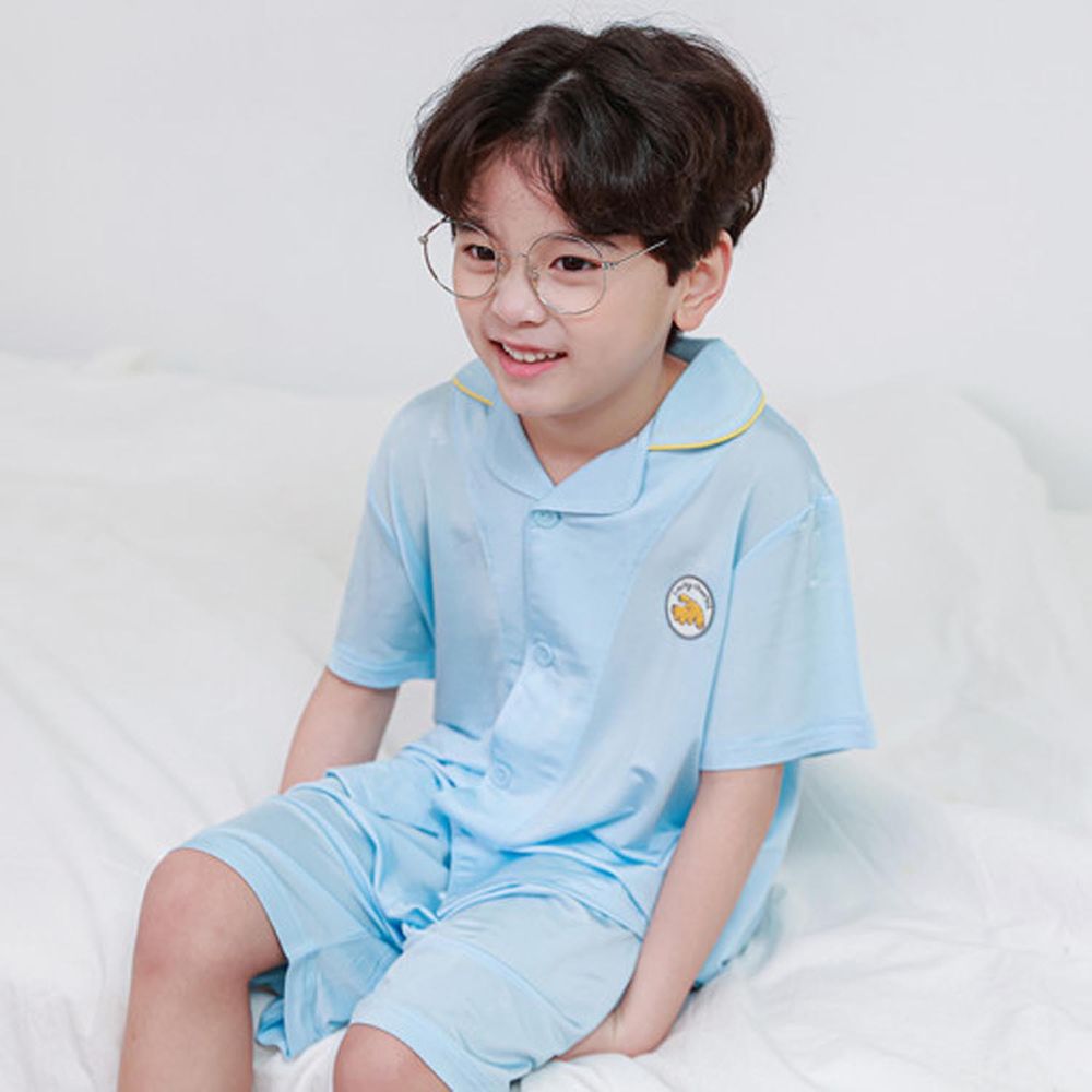韓國 Ppippilong - 涼感快乾短袖睡衣套裝-狗狗徽章-藍