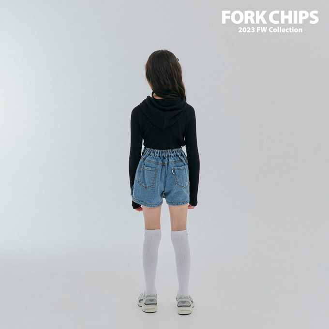 韓國 FORK CHIPS - 鬆緊腰不對稱百褶丹寧褲裙
