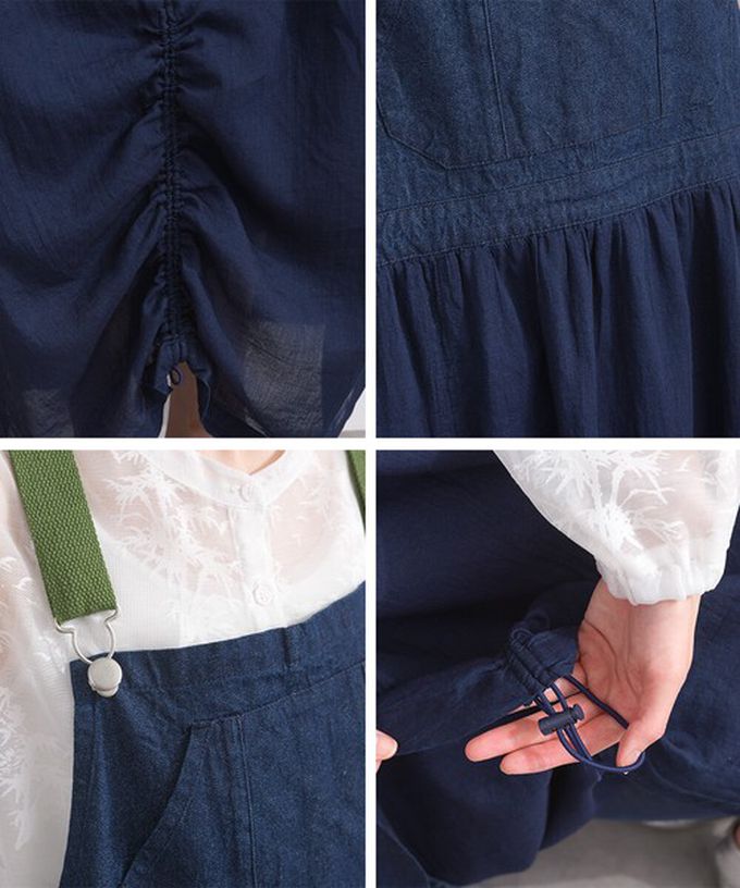 日本 Lupilien - 拼接風抽繩飄逸薄牛仔吊帶洋裝-靛藍