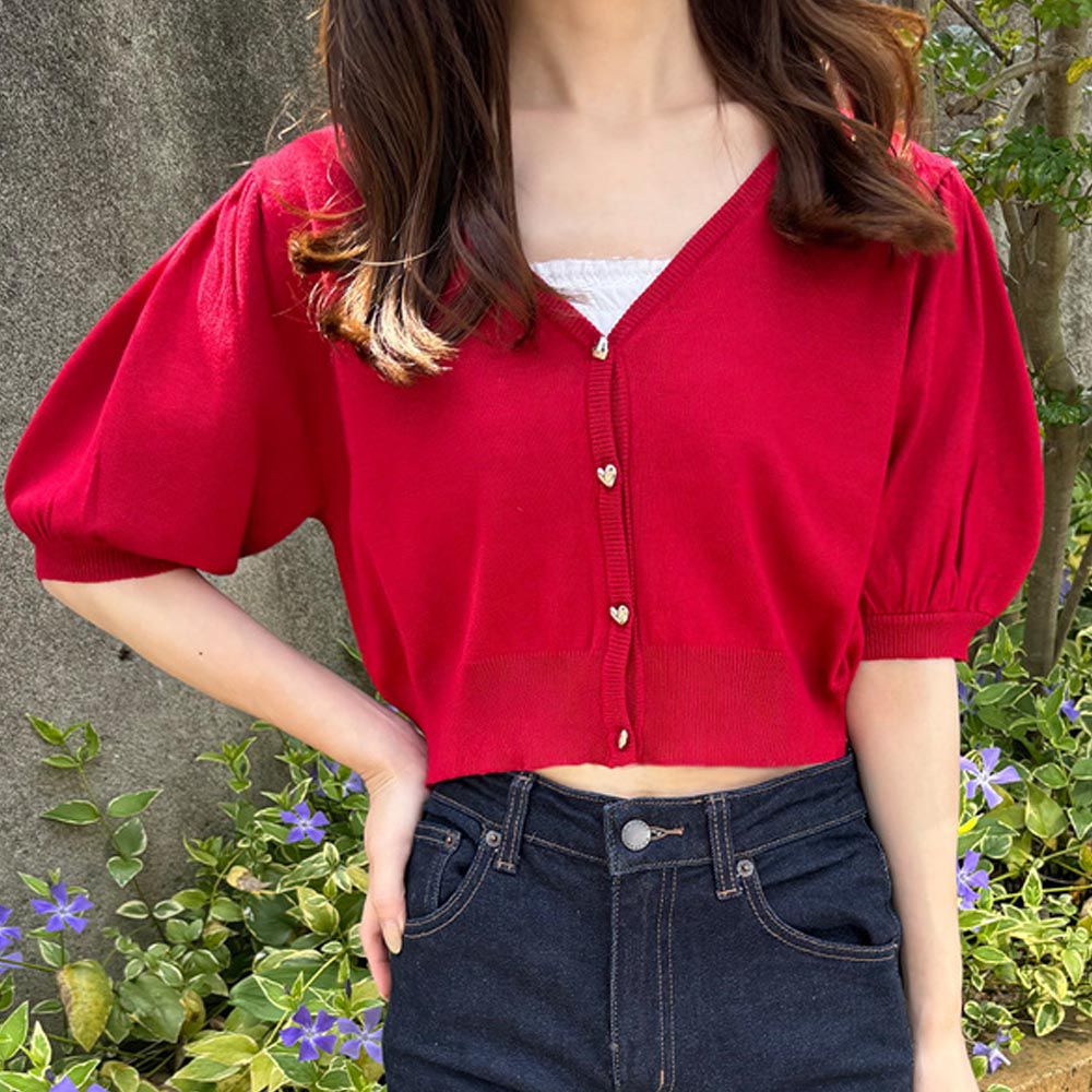 日本 GRL - 愛心鈕扣針織五分袖開襟衫-紅 (F)