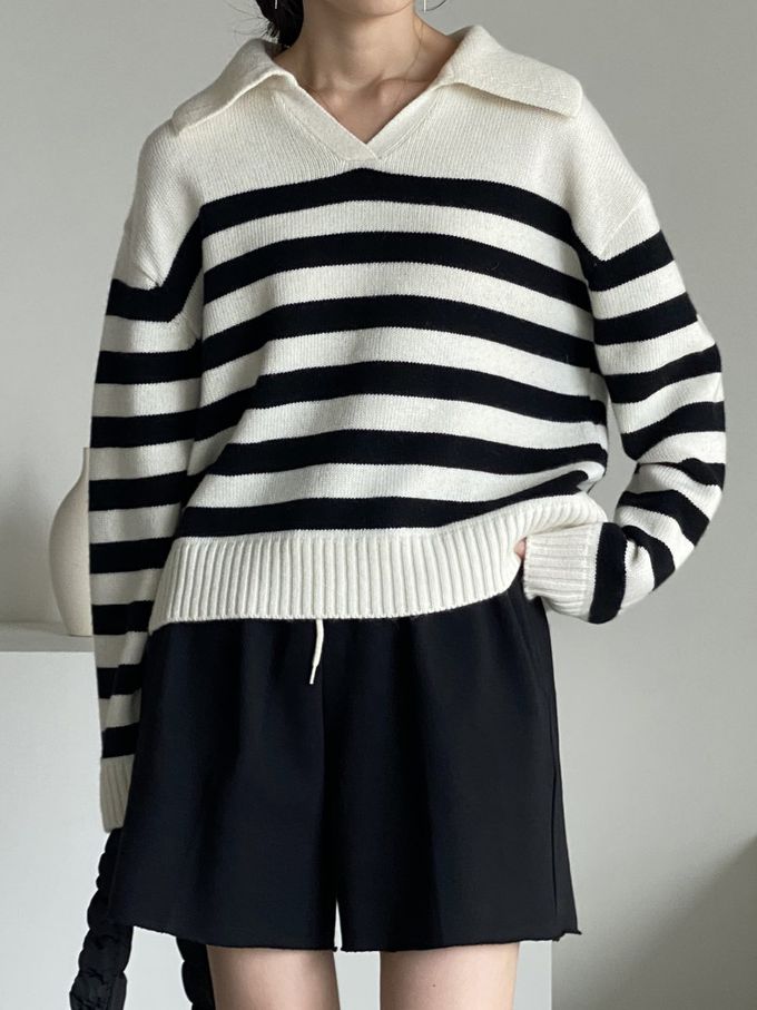 韓國女裝連線 - 精選美麗諾羊毛翻領上衣-米白底X黑條紋 (FREE)