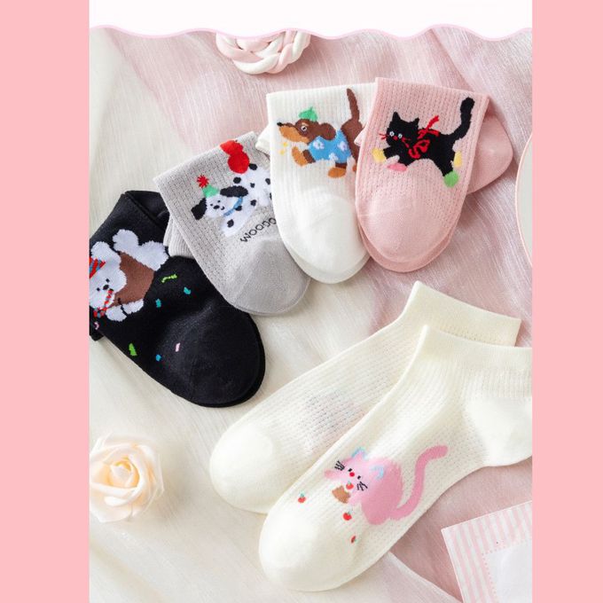 韓風插畫貓咪小狗網眼低筒棉襪