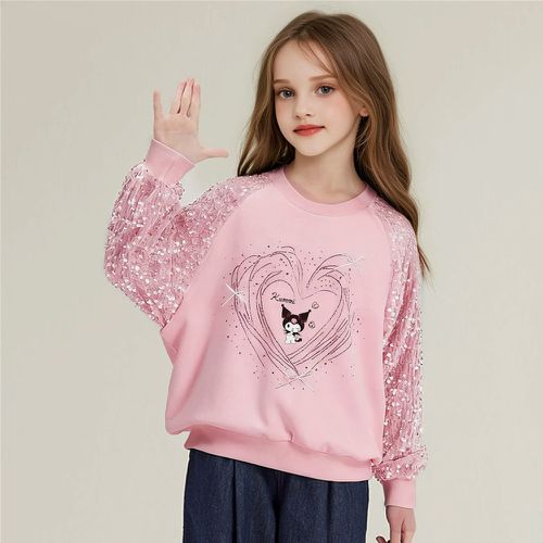 人氣卡通 - 精緻貼鑽拼接亮片長袖上衣/大學T-卡通人物酷洛米-粉色