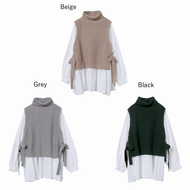 日本 Rejoule - 假兩件高領針織背心X白上衣-灰 (M(Free size))