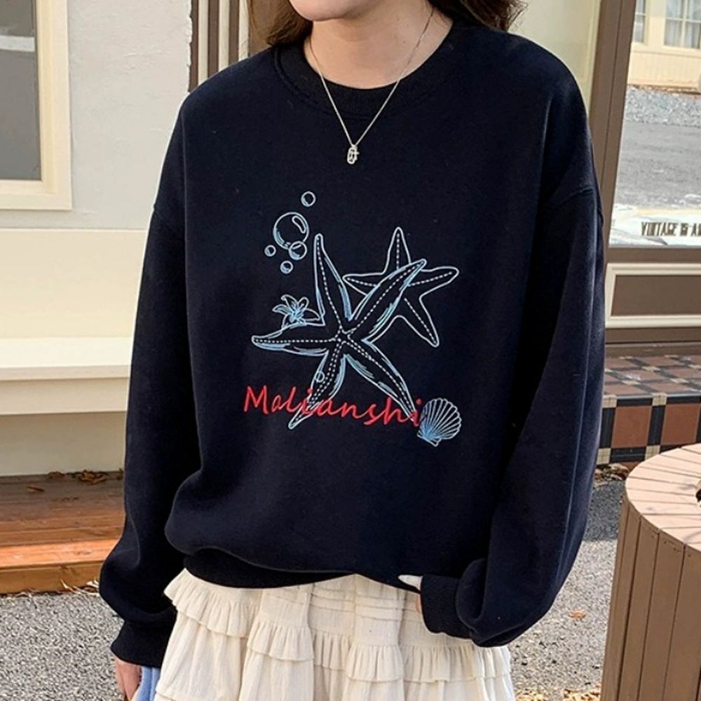 (加絨)長袖大學T-刺繡海星-藏青 (F)