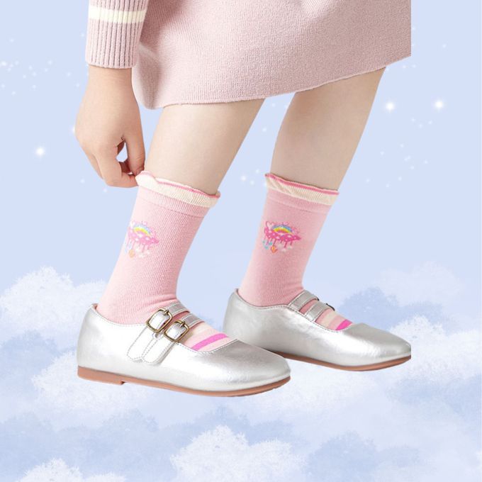 彩虹獨角獸防滑點膠中筒棉襪