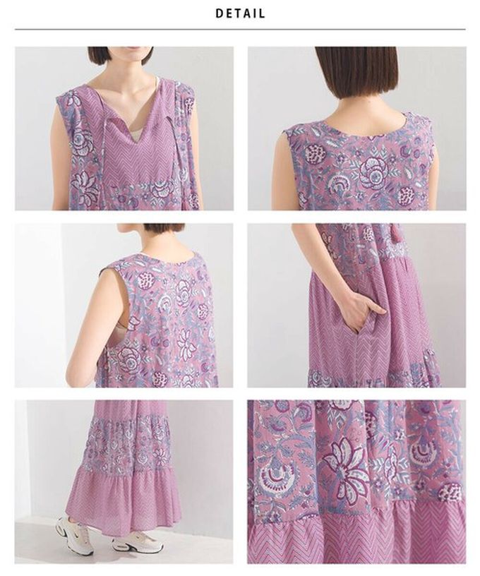 日本 OMNES - 100%印度棉 奢華印花流蘇無袖洋裝-寶藍