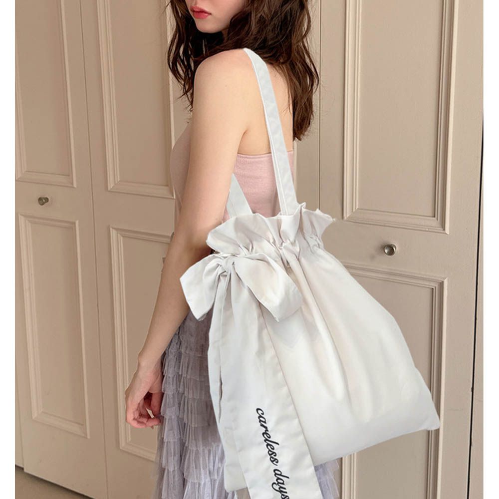 華麗大蝴蝶結肩背束口托特包-象牙 (F)