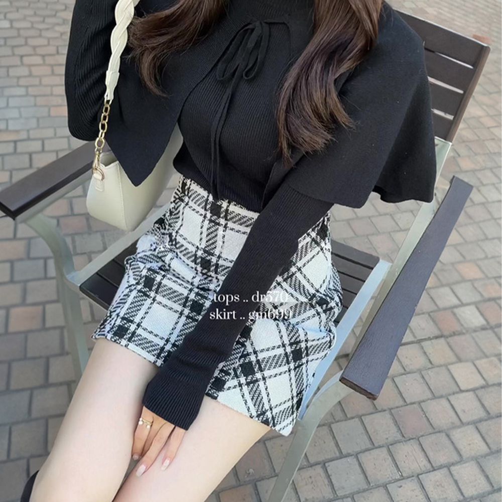 後綁帶粗花呢格子迷你短裙-象牙