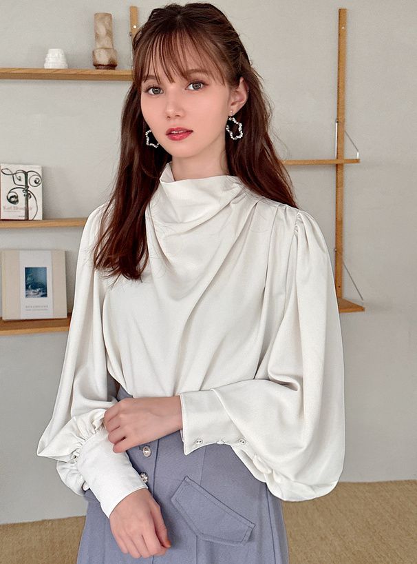 日本 GRL - 優雅女神皺褶感長袖上衣-米杏 (F)