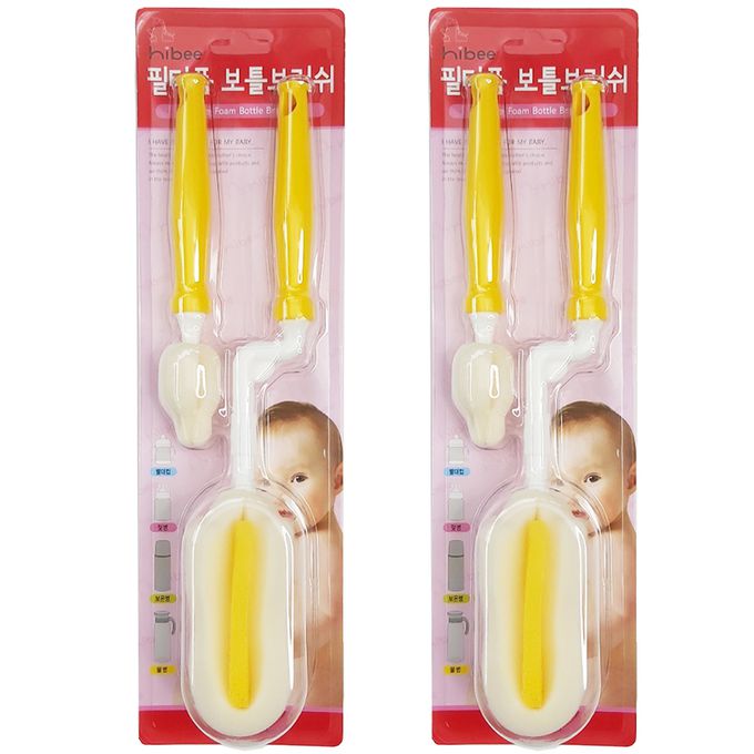 正韓 hibee - 極柔細各類水瓶/水壺/保溫瓶/奶瓶 萬用海綿刷(旋轉型)+海綿隙縫刷_星星黃-HFB0102Y2(兩套)