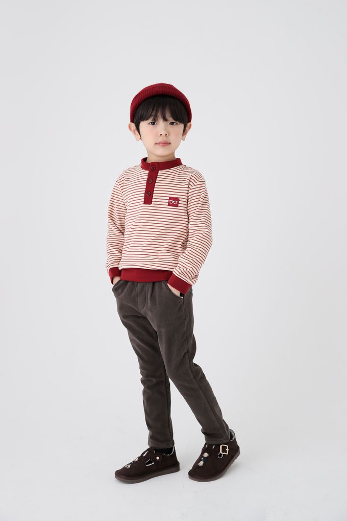 韓國 Coco Bang - 鈕扣細條紋長袖上衣-酒紅