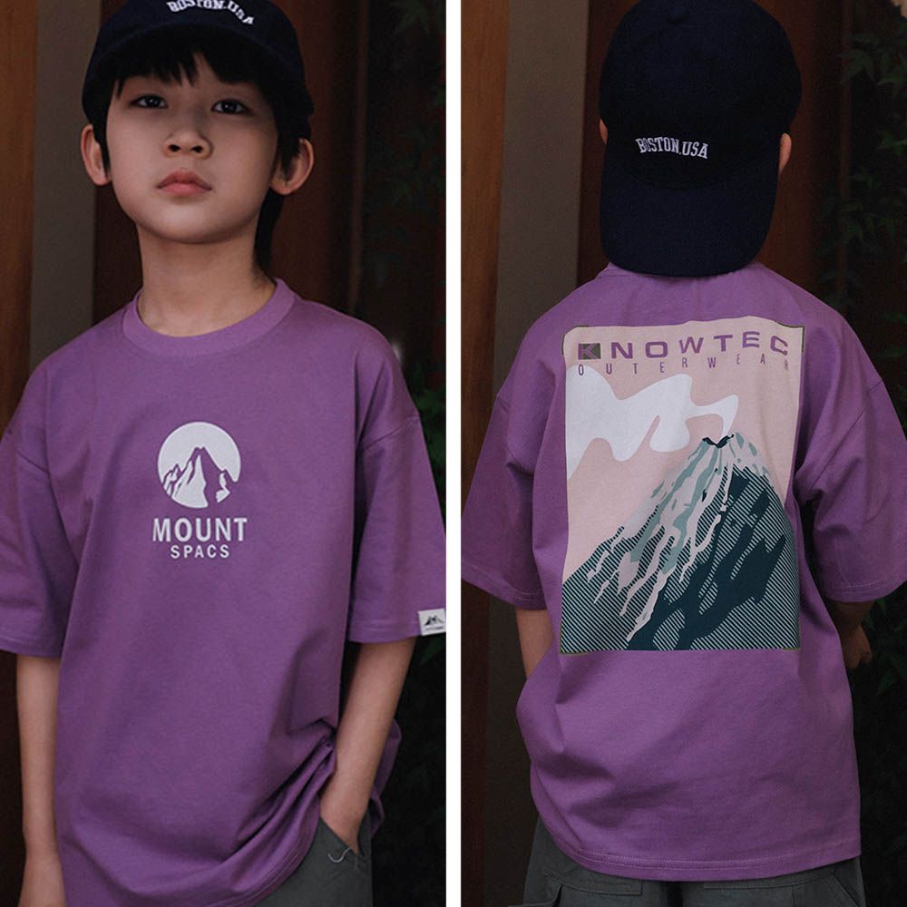 純棉圓領短袖上衣-山峰印花-紫色