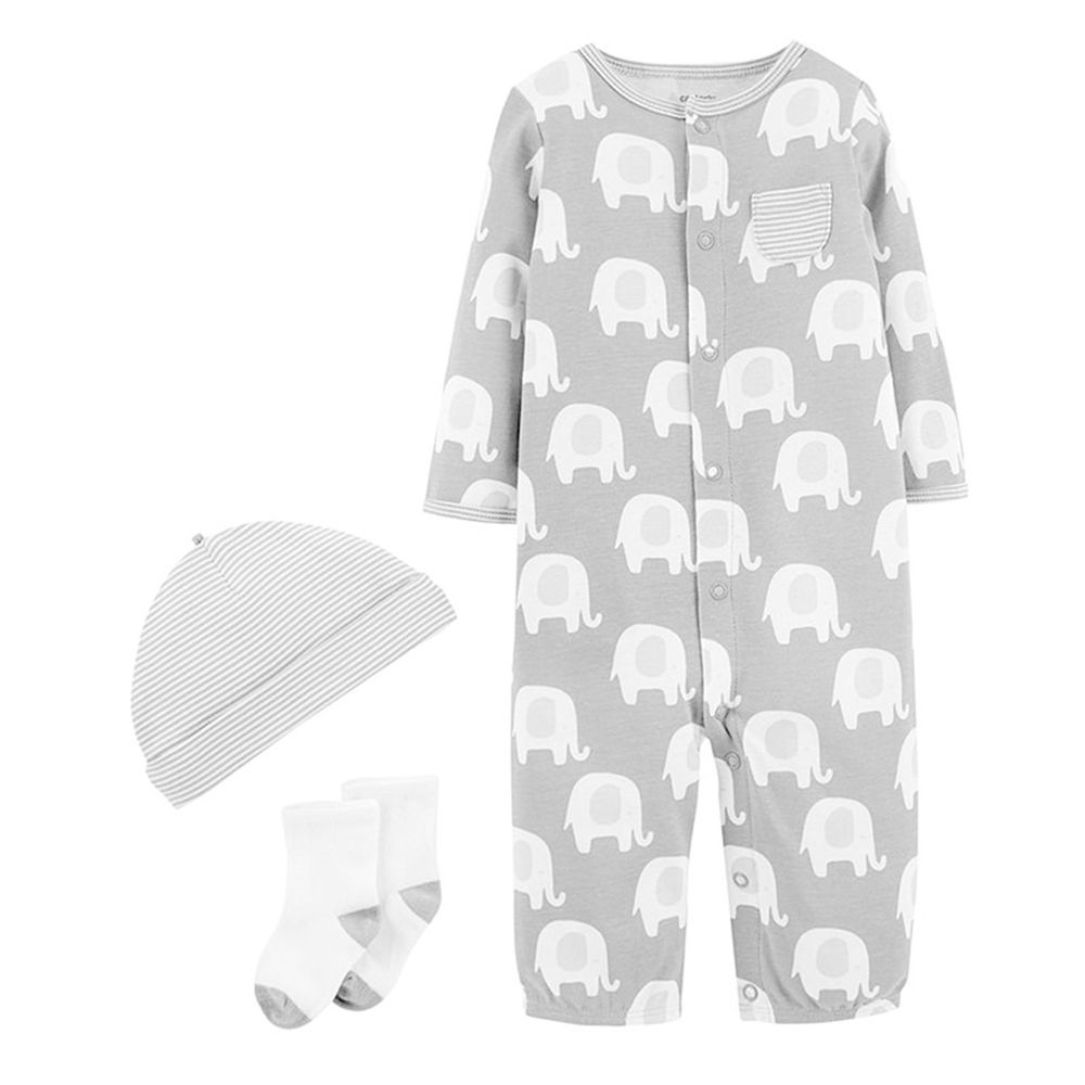 美國 Carter's - 嬰幼兒秋冬三件組連身套裝-灰白大象