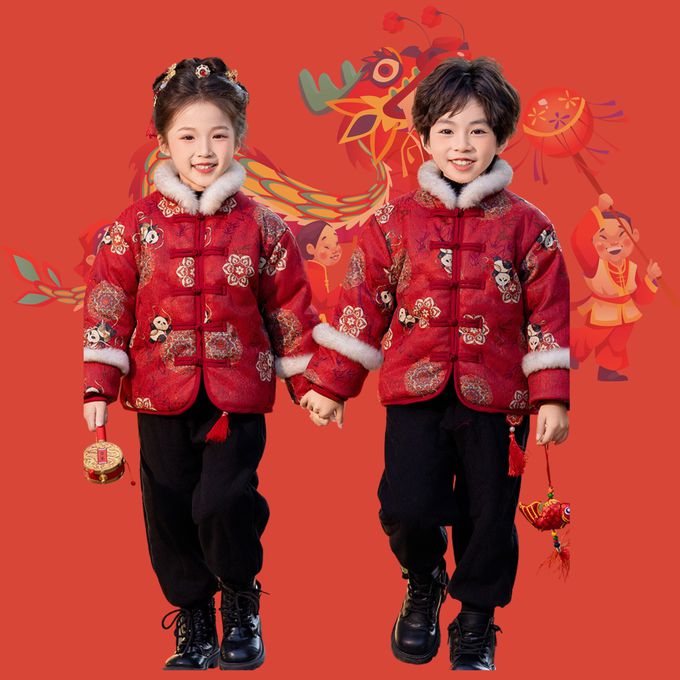 過年拜年熊貓提花鋪棉盤扣外套 紅色拜年過新年外套