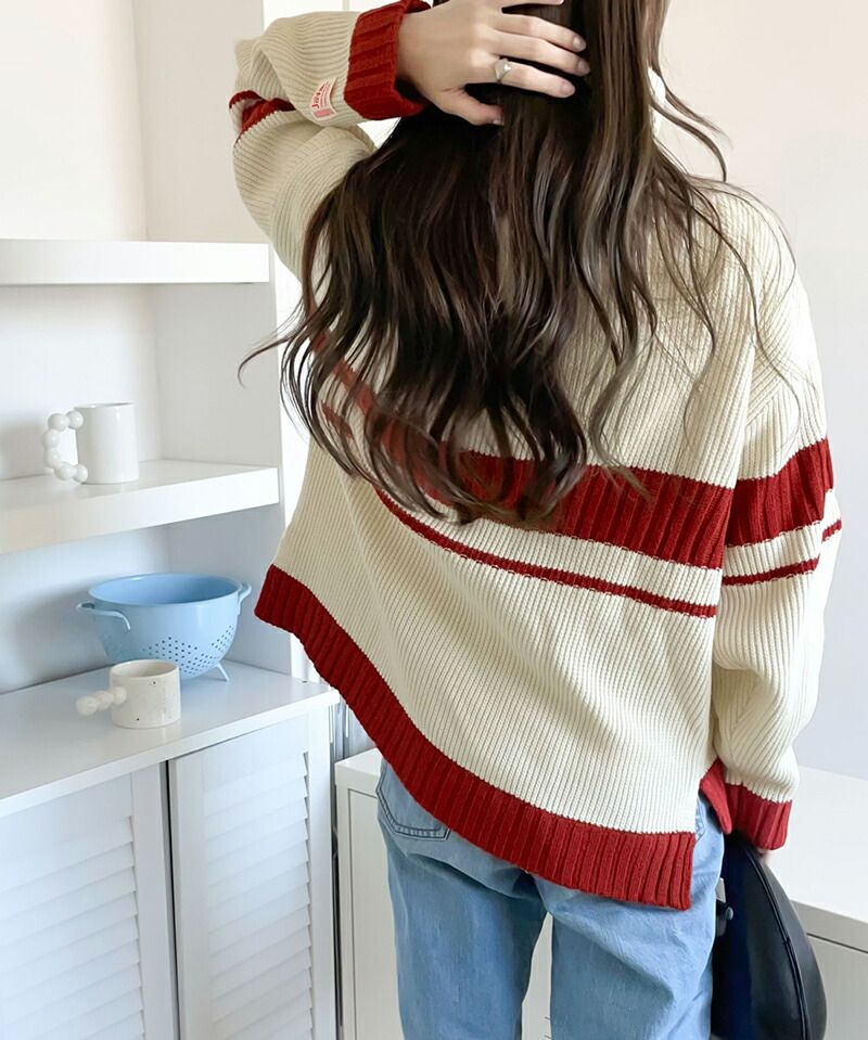 日本 Classical Elf - 排釦翻領撞色羅紋針織上衣-淺米x咖啡