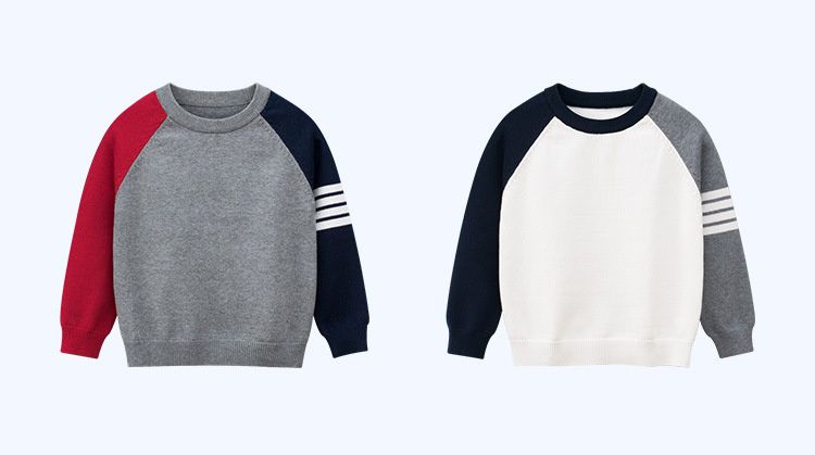 純棉針織長袖毛衣-撞色條紋-藍灰