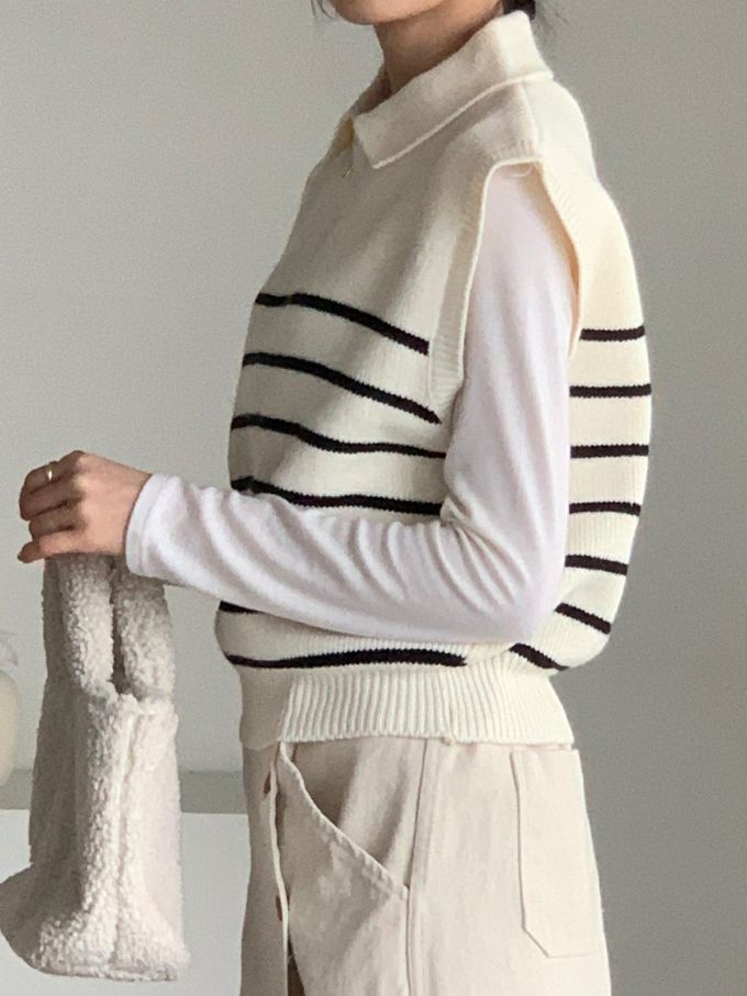 韓國女裝連線 - 拉鍊翻領條紋針織背心-米白 (FREE)