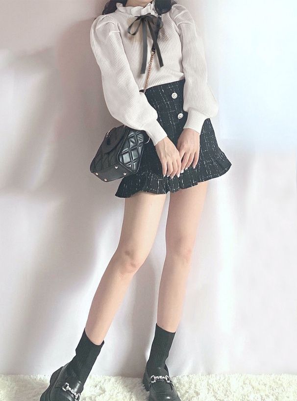 日本 GRL - 甜美扭結木耳領薄針織上衣-淺粉