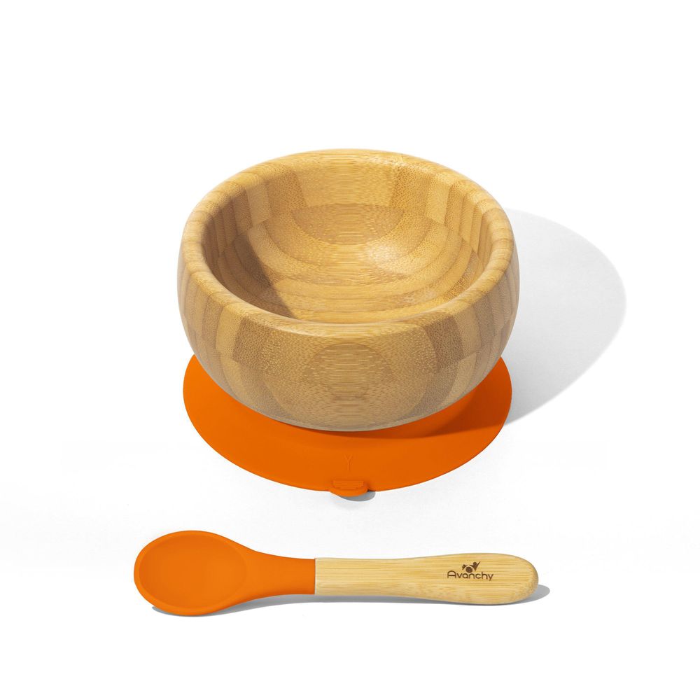 Avanchy - 有機竹製吸盤式餐碗套裝-附有機竹製矽膠湯匙-短柄-橙