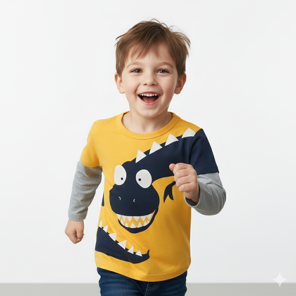 純棉長袖上衣-撞色恐龍-黃色