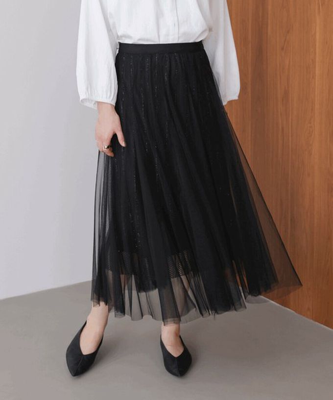 日本 Bab - 華麗優雅層次緹花鬆緊紗裙-質感黑