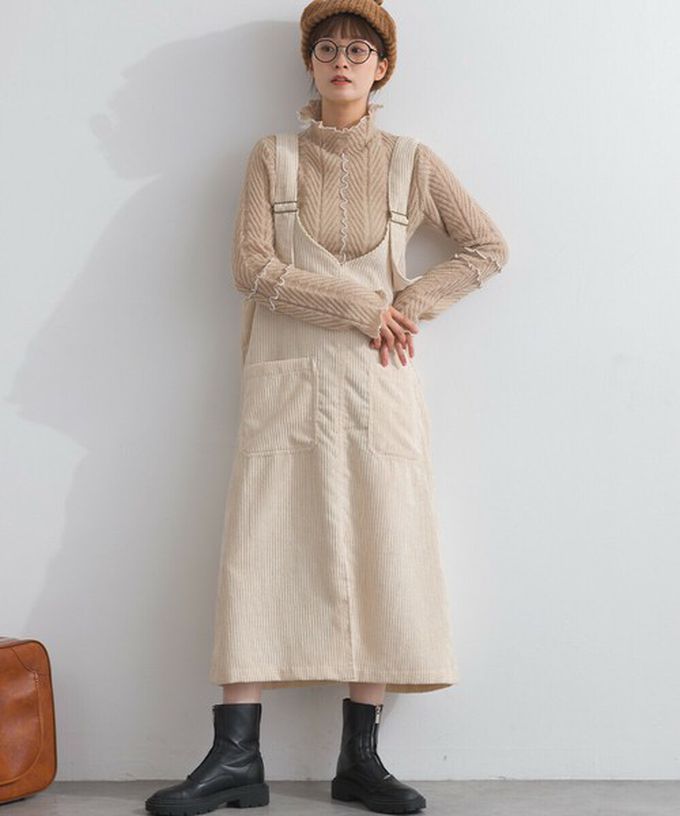 日本 Lupilien - 可愛厚實燈芯絨開叉吊帶裙-橘